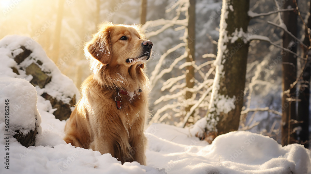 Golden retriever in the snowy forest, winter dog, snowy dog Golden retriever in the snowy forest, winter dog, snowy dog