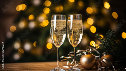Glasses of champagne against the backdrop of a Christmas tree, New Year, New Year party, champagne
