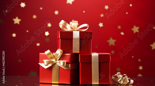 Christmas gifts on a red background, christmas, New Year, gifts © Julia