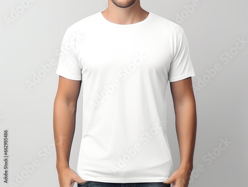 T-shirt mockup. White blank t-shirt front and back views. male clothes wearing clear attractive apparel tshirt models template | Generative AI