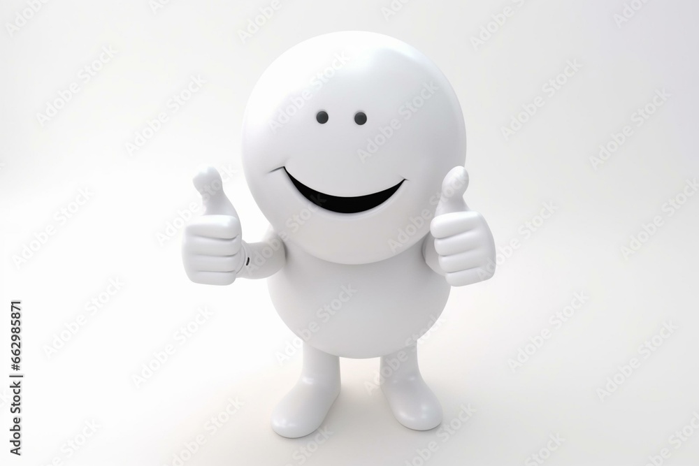 Happy 3D emoticon with limbs, smiling face, and thumbs up gesture. White background. Generative AI