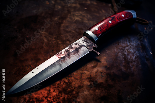 Scary conceptual image of a bloody knife on the table.