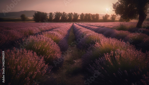 Sunset over Valensole plateau, rural beauty in nature aromatherapy generated by AI