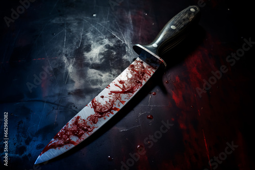 Scary conceptual image of a bloody knife on the table. The concept of committed murder, crime	 photo