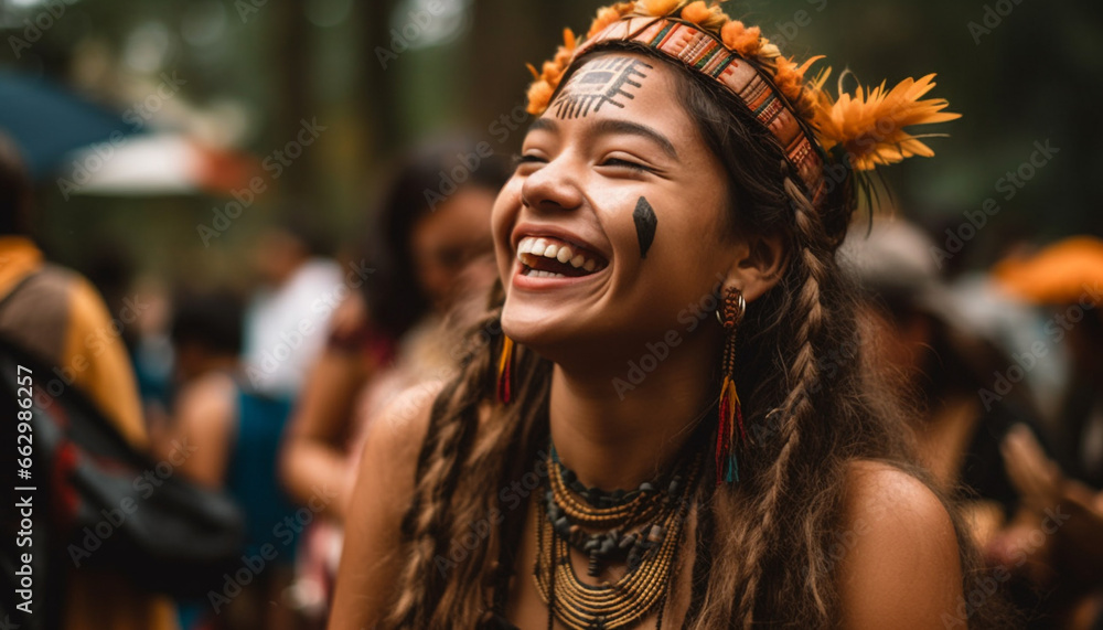 Young women in traditional clothing enjoy a music festival outdoors generated by AI Young women in traditional clothing enjoy a music festival outdoors generated by AI