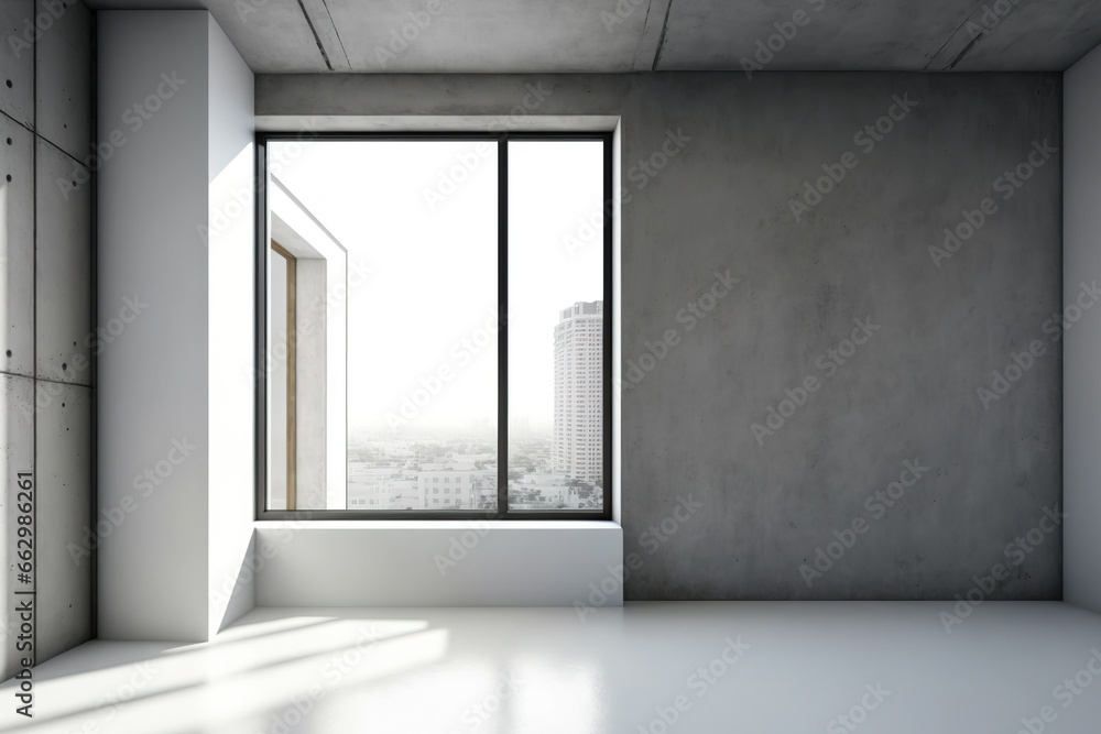 Interior of concrete with a blank wall and a cityscape. a mockup. Generative AI Interior of concrete with a blank wall and a cityscape. a mockup. Generative AI