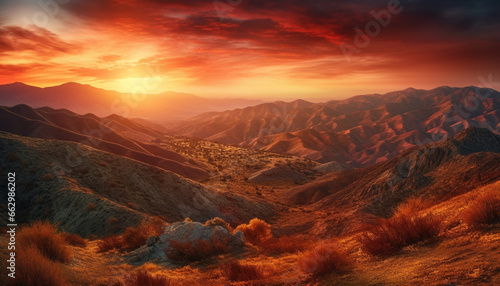 Majestic mountain range  tranquil meadow  panoramic sunset  beauty in nature generated by AI