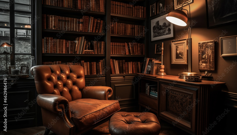 Modern luxury living room with old fashioned book collection and comfortable seating generated by AI Modern luxury living room with old fashioned book collection and comfortable seating generated by AI