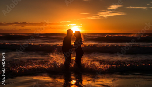 Romantic couple embraces in backlit sunset, enjoying nature beauty generated by AI