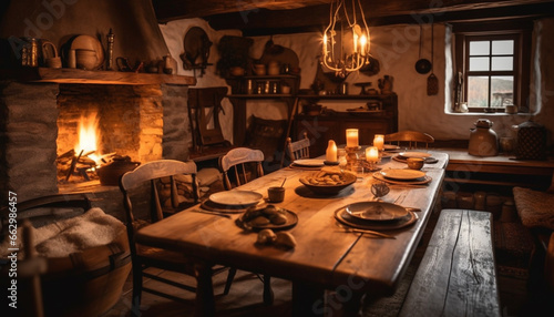 Rustic elegance: Comfortable dining room with old fashioned decor and natural flame generated by AI © Stockgiu
