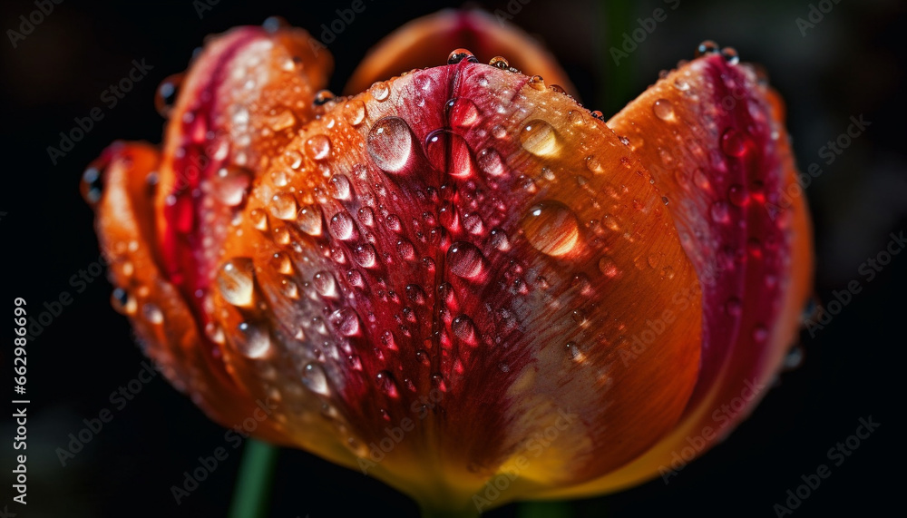 Vibrant tulip blossom, wet with dew, reflects beauty in nature generated by AI Vibrant tulip blossom, wet with dew, reflects beauty in nature generated by AI