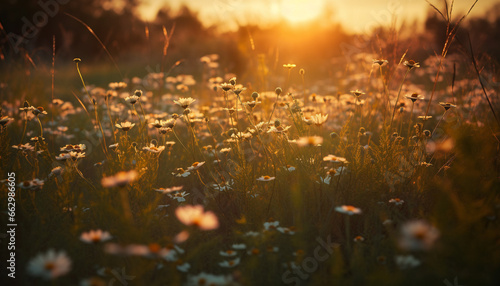 Vibrant wildflowers bloom in tranquil meadow at sunrise, backlit beauty generated by AI