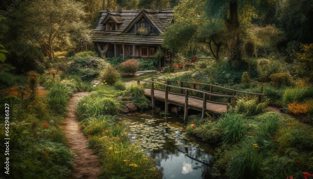 Fototapeta premium Tranquil scene of a mountain cottage near a reflection pond generated by AI
