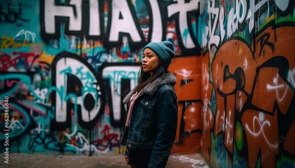 Young adults in casual clothing standing in front of graffiti wall generated by AI