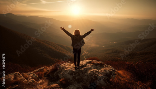 One young woman standing on mountain peak, arms outstretched, cheering generated by AI