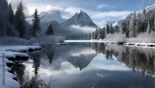 Majestic mountain range reflects tranquil scene in snowy wilderness area generated by AI