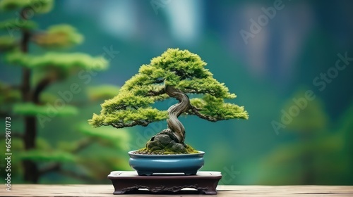 A stunning, award-winning bonsai plant with robust and graceful branch contours, vibrant green leaves, and a gorgeously blurred background scenery.