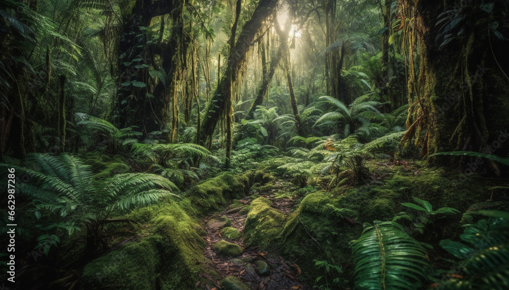 Tranquil scene of old growth forest in tropical rainforest generated by AI