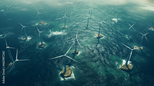 aerial view of wind turbines at sea