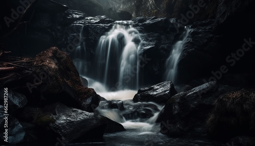 Smooth flowing water splashing over rocks in a tranquil scene generated by AI