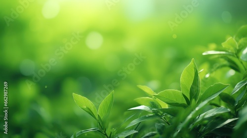 Green leaf for nature on a blurred background with beautiful bokeh and copy space for text