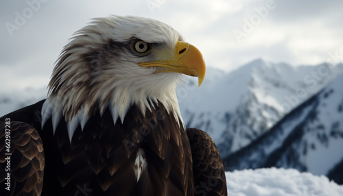 Majestic bald eagle perching on tree, looking at camera generated by AI