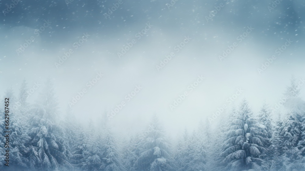 A blurred winter mountain landscape in nature, with snow-covered trees with copy space for text