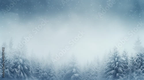 A blurred winter mountain landscape in nature, with snow-covered trees with copy space for text © Matthew