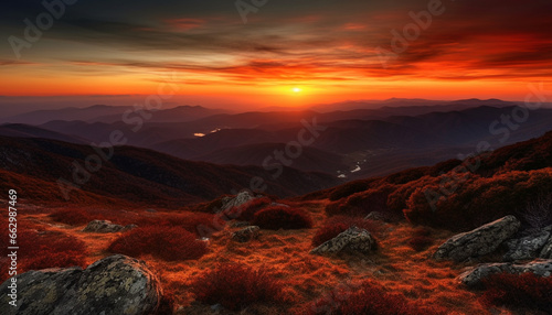 Majestic mountain range, tranquil sunset, panoramic horizon, beauty in nature generated by AI