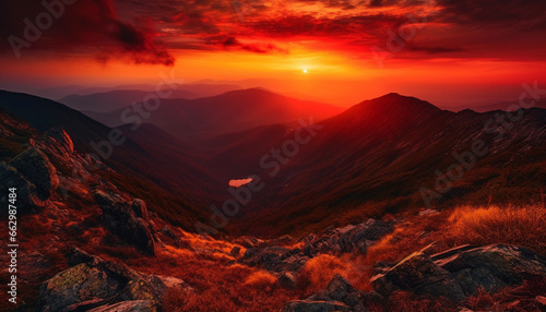 Majestic mountain range, tranquil meadow, multi colored sunset, panoramic landscape generated by AI
