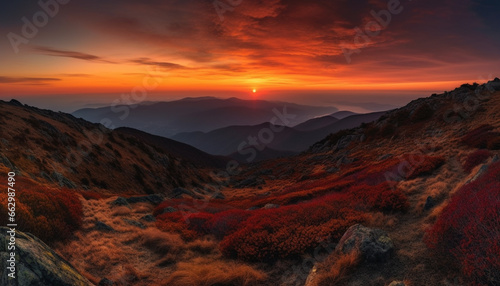 Majestic mountain range, tranquil sunset, panoramic beauty in nature generated by AI