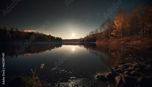 Tranquil scene of a forest pond reflects the Milky Way generated by AI © djvstock