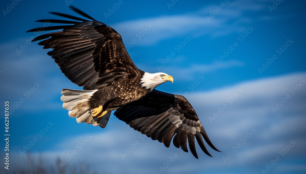 Obraz premium Majestic bird of prey, bald eagle, spreads wings in mid air generated by AI