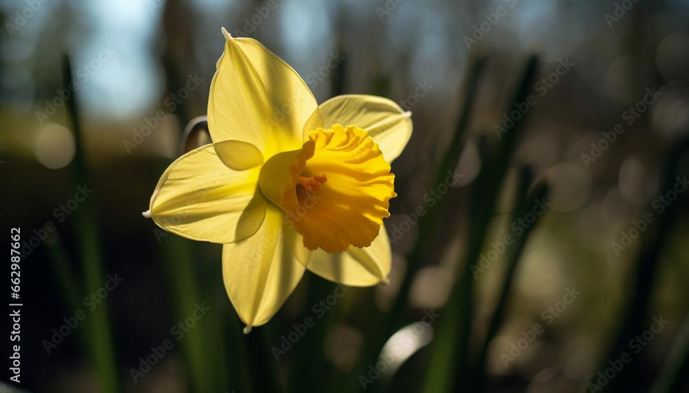 Fototapeta premium Vibrant yellow daffodil in meadow, surrounded by purple wildflowers generated by AI