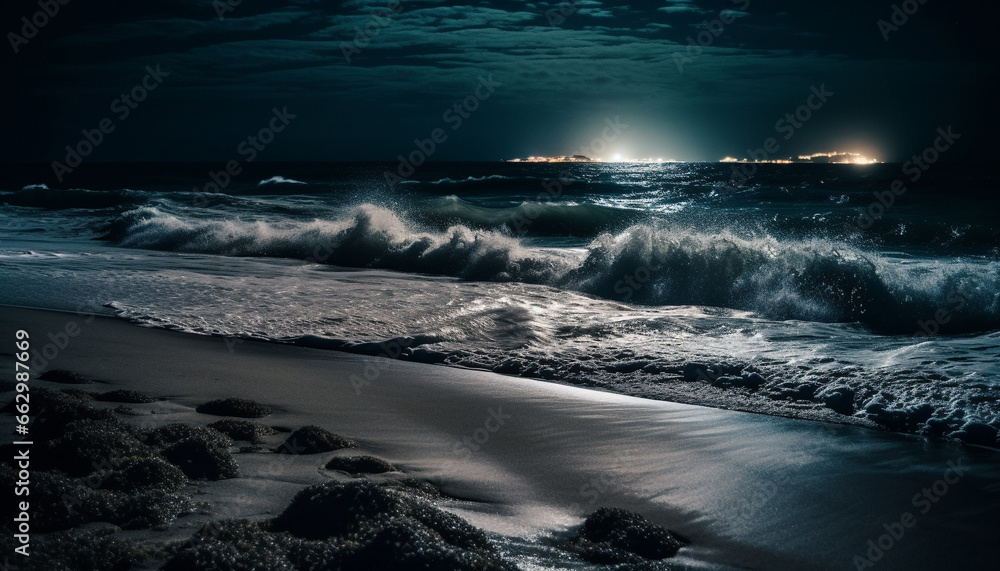 Tranquil seascape at dusk  breaking waves, dramatic sky, idyllic vacation generated by AI
