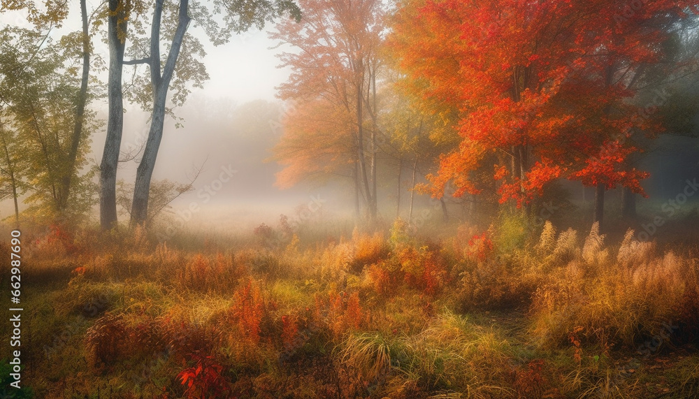 Obraz premium Autumn forest tree outdoors, yellow leaf season landscape beauty generated by AI