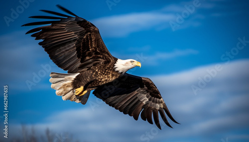 Majestic bird of prey, bald eagle, spreads wings in mid air generated by AI © djvstock