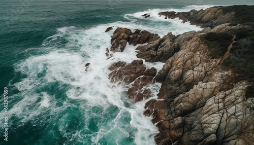 Breaking waves crash against rocky coastline, a natural beauty generated by AI