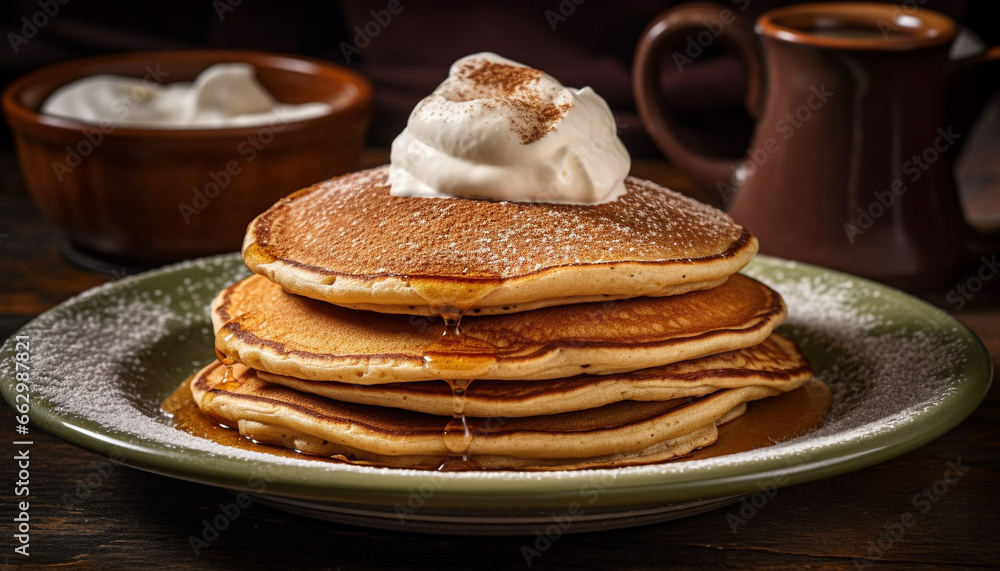 A stack of homemade pancakes with syrup and fresh berries generated by AI A stack of homemade pancakes with syrup and fresh berries generated by AI
