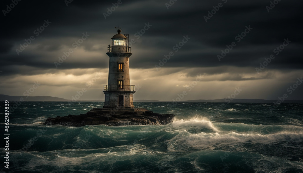 Dark storm over famous coastline, beacon warns of danger ahead generated by AI Dark storm over famous coastline, beacon warns of danger ahead generated by AI