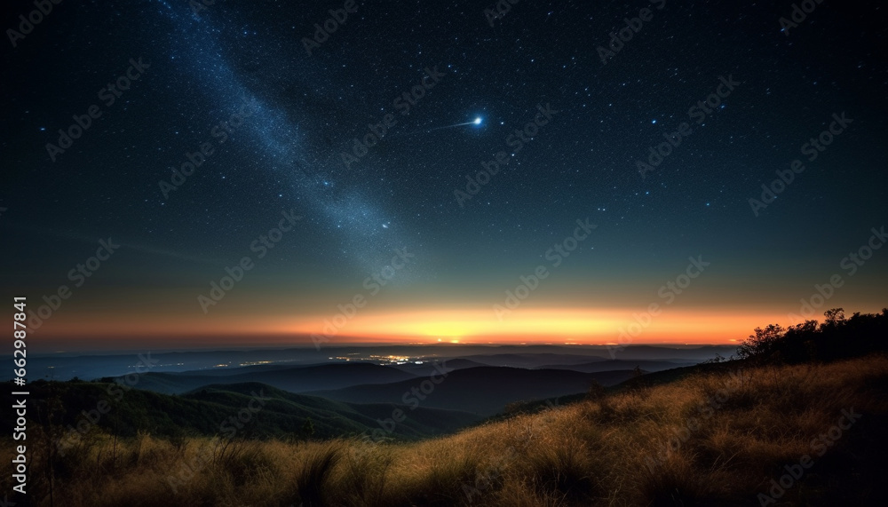 Tranquil scene of majestic mountain peak illuminated by star field generated by AI