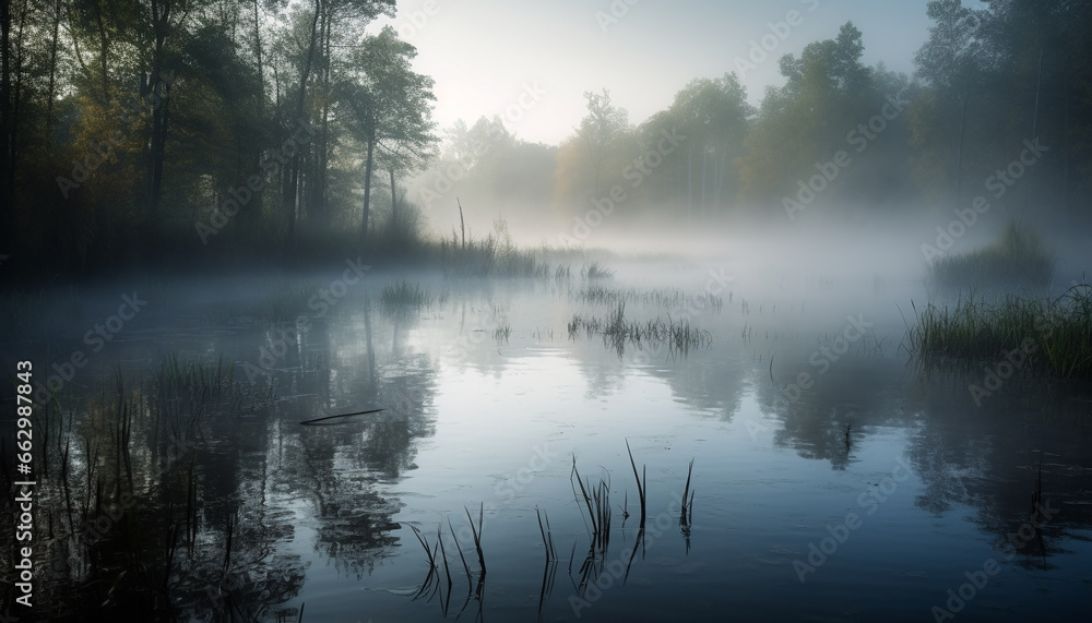 Tranquil scene of a forest pond reflects autumn beauty generated by AI Tranquil scene of a forest pond reflects autumn beauty generated by AI