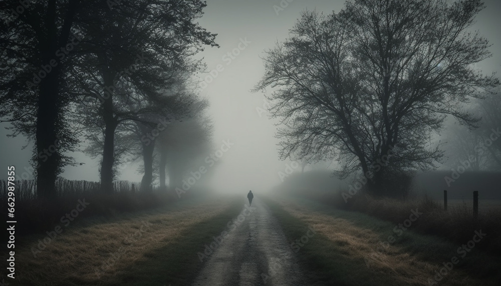 Silhouette walking on foggy footpath in spooky forest landscape generated by AI