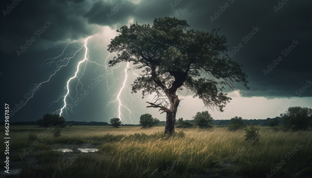 Fototapeta premium Dramatic sky, spooky forest, wet meadow, electricity sparks danger generated by AI