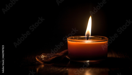 Candle flame glowing in the dark, symbol of spirituality and relaxation generated by AI