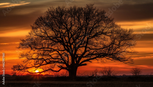 Silhouette of acacia tree against yellow orange sky in Africa generated by AI