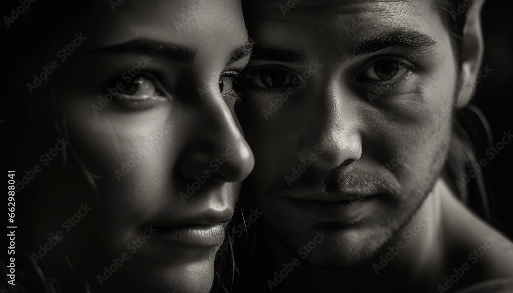 Intimate portrait of young adult couple in black and white generated by AI Intimate portrait of young adult couple in black and white generated by AI
