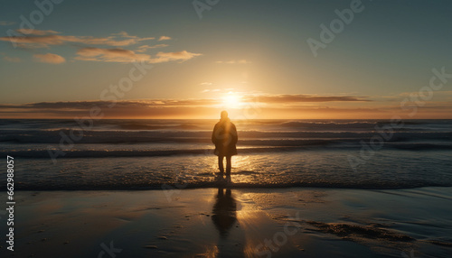 One person standing on sand, back lit by sunset generated by AI