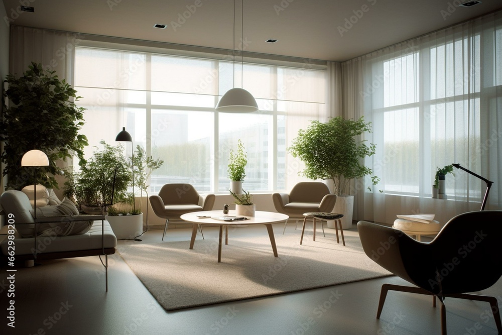 Soothing office ambience: serene seating area, windowed conference room, blank walls. Generative AI