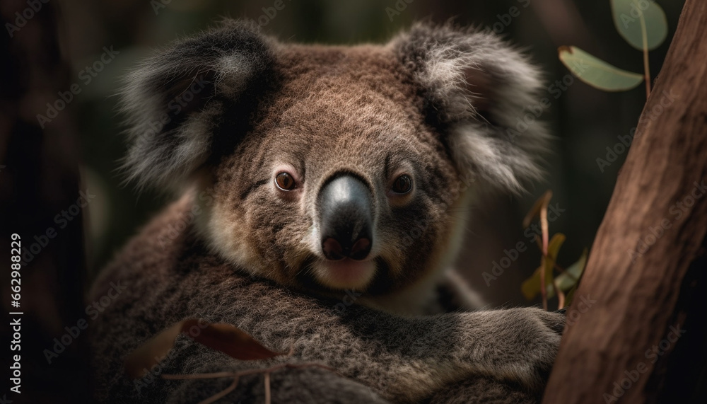 Obraz premium Cute koala, marsupial mammal, endangered species, looking at camera outdoors generated by AI